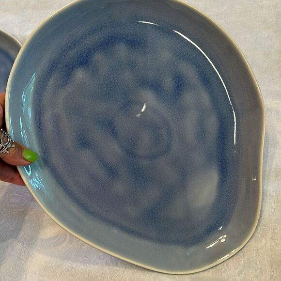 Plates Pottery Blue Cloudy Glazed Asymmetrical Heavy Serve Dinner - Picture 3 of 10